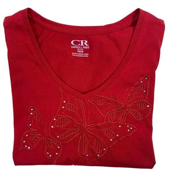 red v neck short sleeve t-shirt butterflies sz med  CAROLL REED - Picture 10 of 16